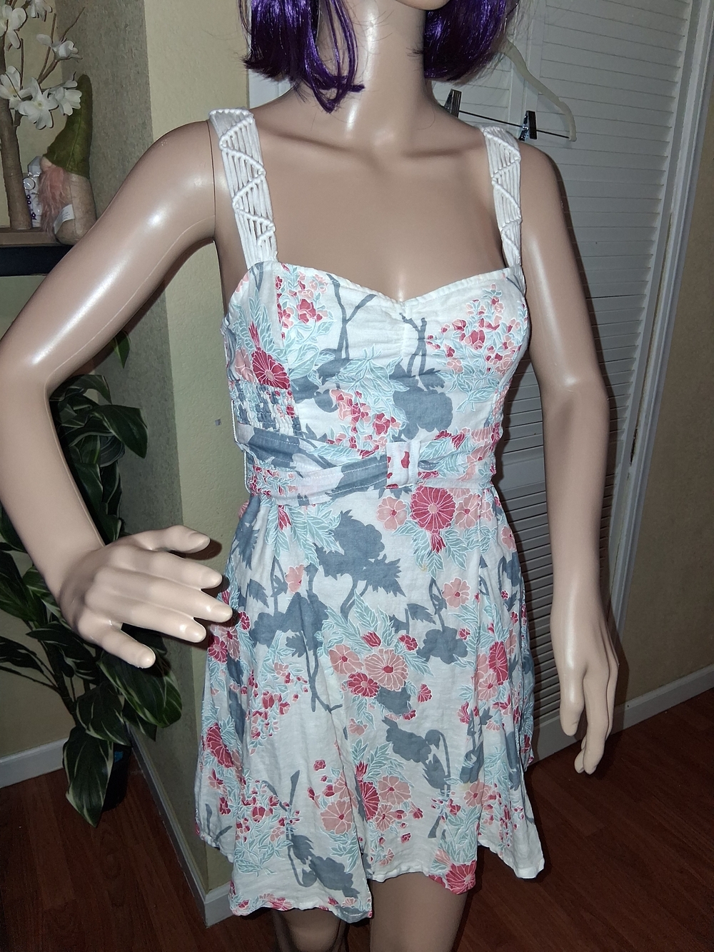 Free People Linen Floral Crocheted Tie-Waist Mini Dress